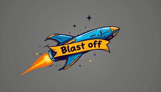 a whimsical art of a sleek interstellar ship in blue and yellow with a banner that reads 'blast off' on a white background with plenty of space around.