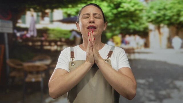 Middle aged woman crossing fingers on city street wearing beige apron and white shirt under sunlight; hope luck.