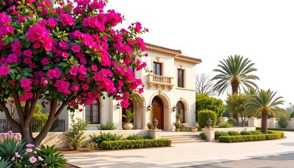 a detailed architectural art of a nile side villa with blooming bougainvillea, isolated on a white background with ample space around.