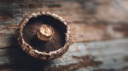 Portobello mushroom cap detail on rustic wooden surface. Gourmet cooking concept