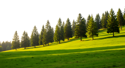 Serene Green Meadow with Majestic Pine Trees on a Sunny Day