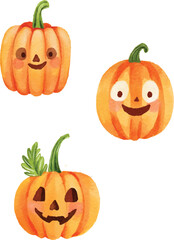 Different varieties of  cute faces pumpkins. Hand drawn watercolor illustration digital arts printing
