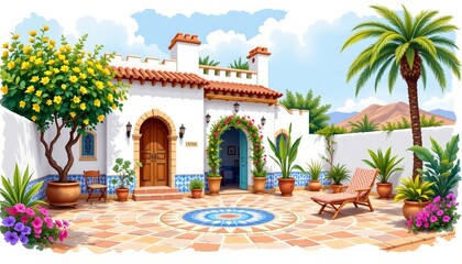 Fototapeta premium nile side villa with a mosaic patio painted in bright travel illustration on a white background, subject not filling the frame.