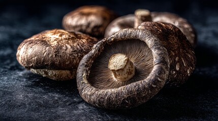 Shiitake mushrooms close up on dark slate surface. Premium culinary