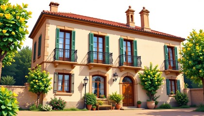 Fototapeta premium a bright travel illustration of a catalan villa with ornate iron balconies, isolated on a white background with ample space around.