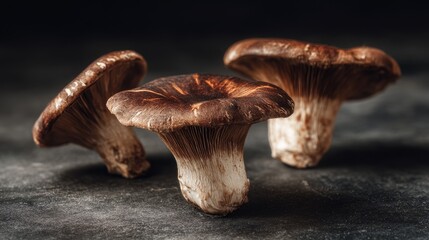 Shiitake mushrooms close up on dark slate surface. Premium culinary