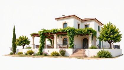 Fototapeta premium detailed architectural art depicting a nile side villa with a vine covered pergola centered on clean white with negative space.