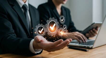 Business Collaboration and Process Management Interface with Gear Icons and Task Completion Checkmarks in Professional Office Environment