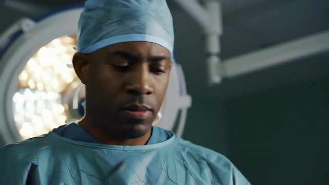 Surgeon Performing Precise Surgical Procedure in Operating Room with Focused Expression and Surgical Tools