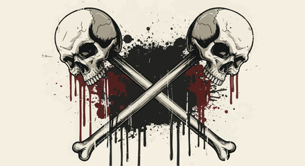 Two crossed skulls with dripping blood and splattered ink, creating a dark and macabre symbol.