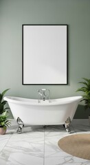 Fototapeta premium Modern bathroom interior with white bathtub plants and blank frame on green wall for mock up poster art