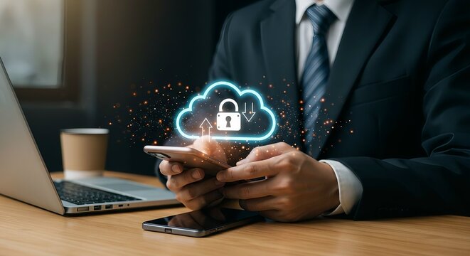 Cloud Security and Data Protection Interface with Padlock Symbol and Mobile Upload/Download Icons in Business Technology Environment
