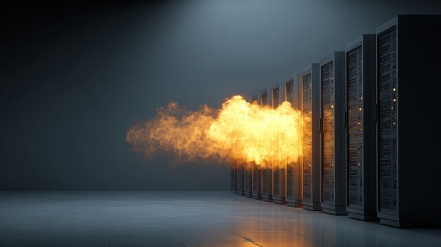 Expansive data center server racks engulfed in billowing clouds of dense hazardous yellow smoke suggesting a critical system failure or an industrial emergency