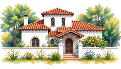 Fototapeta premium alhambra inspired house with terracotta roof tiles painted in romantic watercolor on a white background, subject not filling the frame.