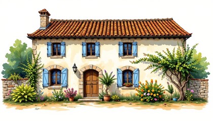 Fototapeta premium provencal farmhouse with terracotta roof tiles painted in whimsical ink and wash on a white background, subject not filling the frame.