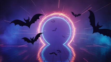 Halloween portal with bats and neon lights for spooky celebration and decoration
