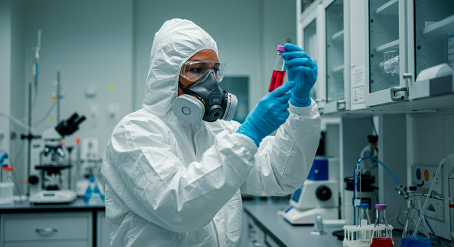 Scientist in a Hazmat Suit and Respirator Examining a Sample in a Laboratory