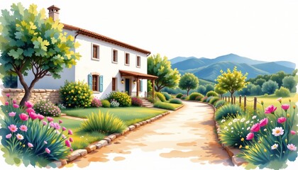 romantic watercolor depicting a mallorcan finca with lantern lit paths centered on clean white with negative space.