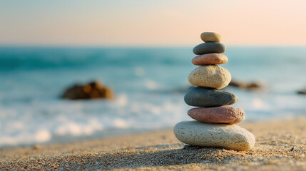 Fototapeta premium Stack of balanced stones on beach, calm meditation vibe
