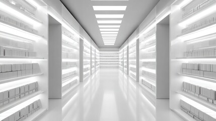 Bright, sterile corridor lined with shelves of indistinguishable white boxes