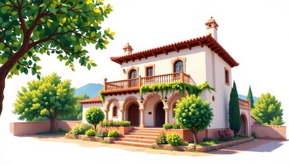 Fototapeta premium a bright travel illustration of a alhambra inspired house with a sunlit terrace, isolated on a white background with ample space around.