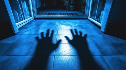 Eerie Shadows of Hands Reaching Through an Open Doorway Bathed in Blue Light Creating a Sense of