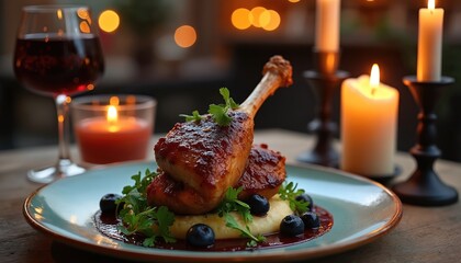 Duck confit served with mashed potatoes, blueberries, and greens on a plate. Red wine and lit candles create a romantic, elegant atmosphere. Perfect for fine dining or special occasions.