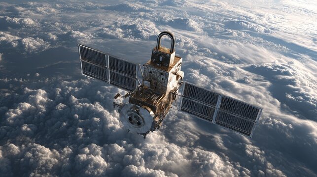 A sophisticated telecommunications satellite in geosynchronous orbit high above the planet floating over a dense beautiful blanket of white clouds observing the atmosphere from space