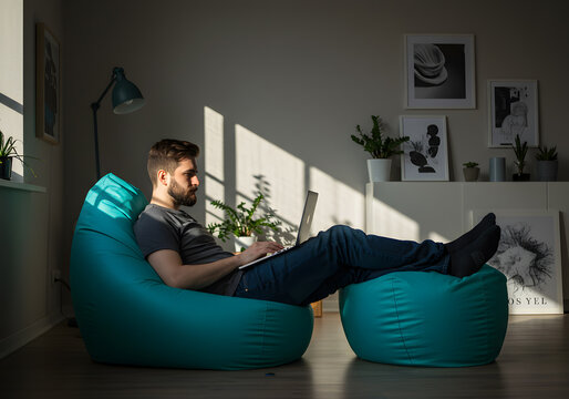 Relaxed man using laptop while sitting on bean bag in bright modern living room