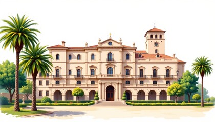 Fototapeta premium a bright travel illustration of a italian palazzo with palm trees beside, isolated on a white background with ample space around.