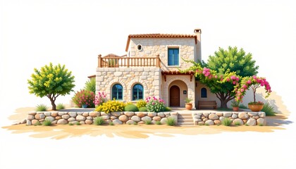 Naklejka premium cypriot stone house with a sunlit terrace painted in bright travel illustration on a white background, subject not filling the frame.