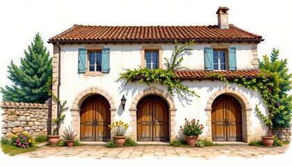 provencal farmhouse with arched doorways painted in detailed architectural art on a white background, subject not filling the frame.
