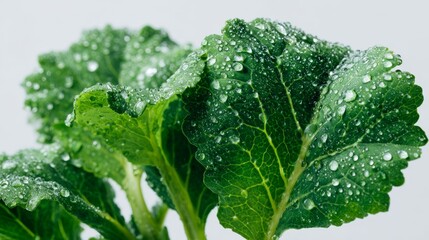 Fresh kale leaves with water droplets macro