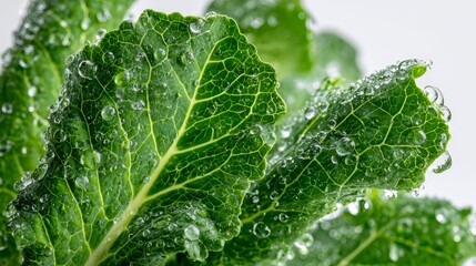 Fresh kale leaves with water droplets macro
