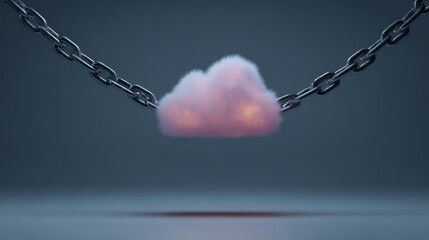 A beautiful fluffy white cloud in the shape of a heart delicately suspended from a glistening metal chain against a serene sky backdrop as a symbol of love and affection