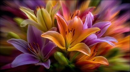 Fototapeta premium Vibrant bouquet of lilies in various colors, blurred background enhancing floral beauty