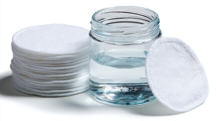 A minimalist still life composition featuring a clear glass jar filled with pure transparent water and a pristine white cloth submerged within creating a serene and tranquil scene