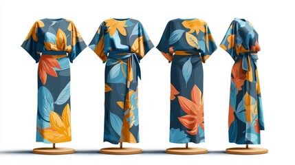 An elegant and artistic display of three distinct types of flowing robes each adorned with unique intricate and diverse patterns showcasing a fusion of textile art and modern apparel