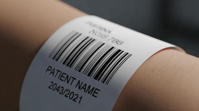 Hospital patient identification wristband with barcode and patient name data