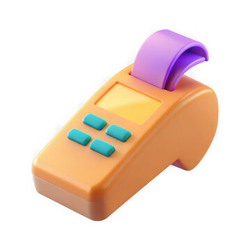 3D render of a payment terminal, orange card reader machine with receipt paper and digital screen. Modern financial transaction hardware icon for e-commerce and retail concepts isolated on