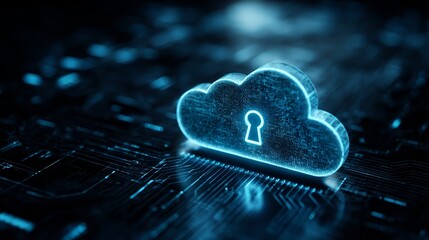 Conceptual representation of digital security showing a fluffy white cloud sculpted into the form of a padlock hovering over a complex glowing electronic circuit board background