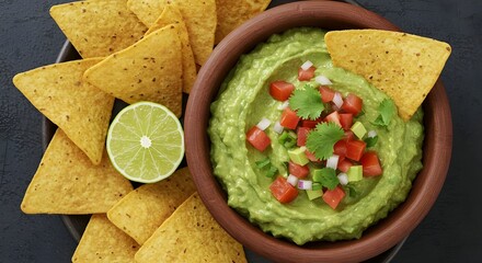 Fresh guacamole with tortilla chips in rustic bowl