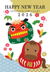 2026年午年のししまいと干支だるまの年賀状/縦02