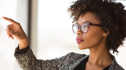 Focused professional woman wearing spectacles attentively studying a blank white board in a modern office preparing for a presentation or brainstorming creative business ideas