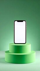 A smartphone on a two-tiered green pedestal