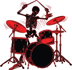 A skeleton passionately plays a drum set, striking cymbals with drumsticks in a dynamic, energetic performance.