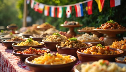 Buffet table laden with diverse international dishes in bowls. Colorful flags adorn background. Festive outdoor spread for celebration, family gathering, or catering event. Variety of cuisines.