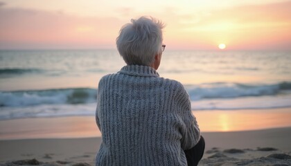 Elderly caucasian woman with short hair sits on sandy beach at sunset. She wears sweater and looks out at calm ocean horizon. Serene scene evokes feelings of peace, solitude, and quiet contemplation.