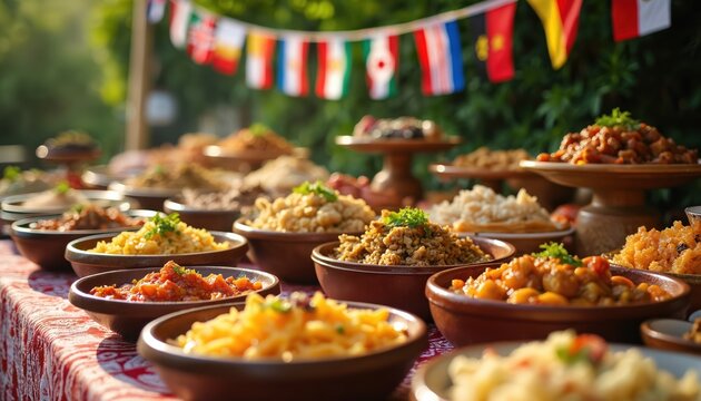 Buffet table laden with diverse international dishes in bowls. Colorful flags adorn background. Festive outdoor spread for celebration, family gathering, or catering event. Variety of cuisines.