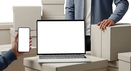 E-commerce Success - Blank Screens of Laptop, Smartphone Amidst Cardboard Boxes.